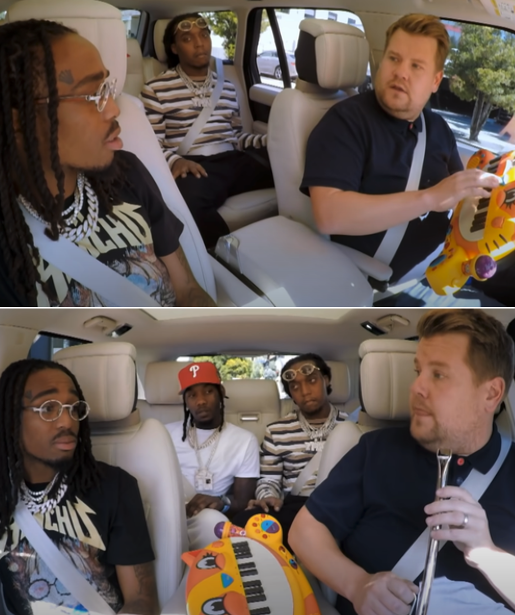 James playing a children&#x27;s toy and other random instruments, and all the members of Migos looking at him with disgust