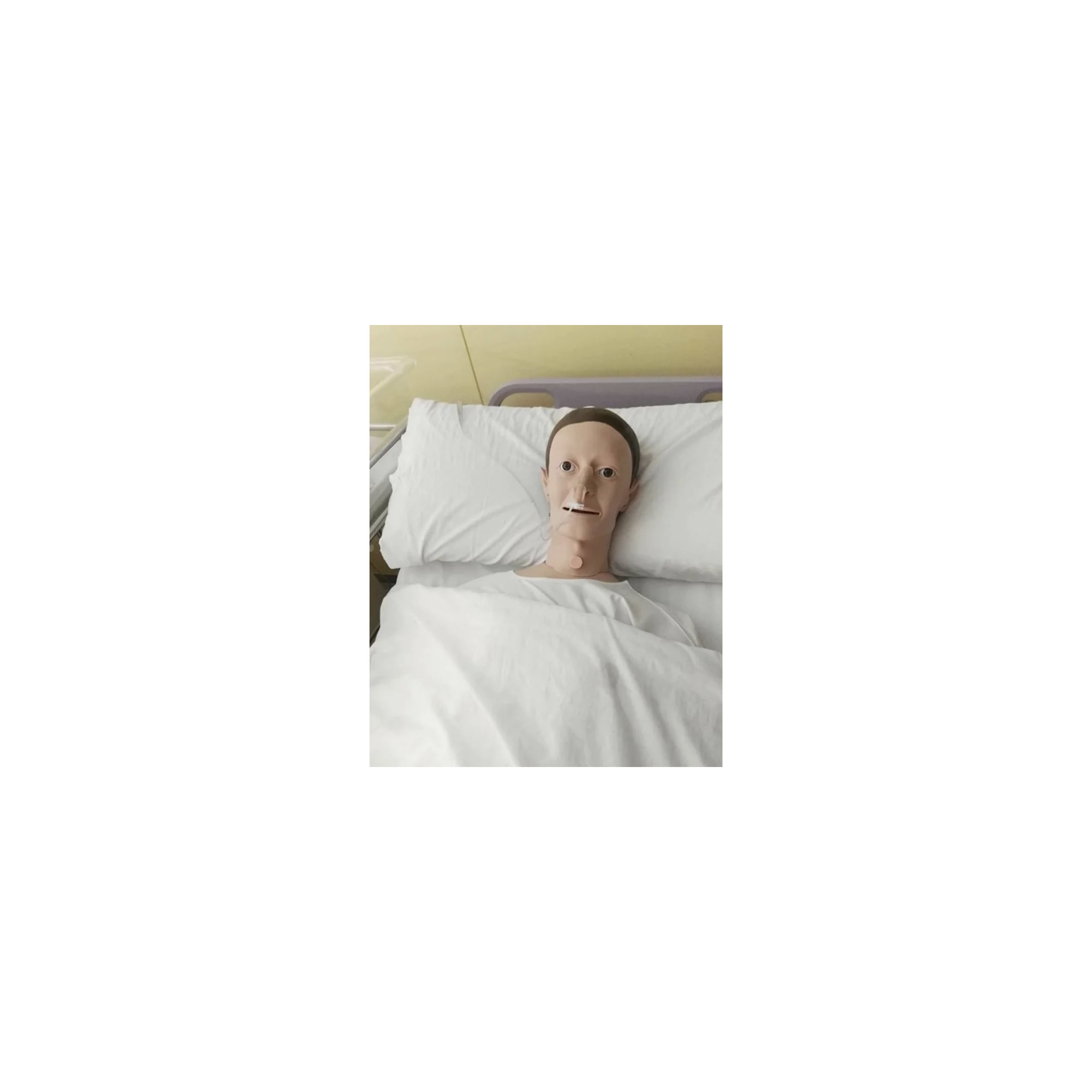 A person lying in a hospital bed with a Mark-like face or mask