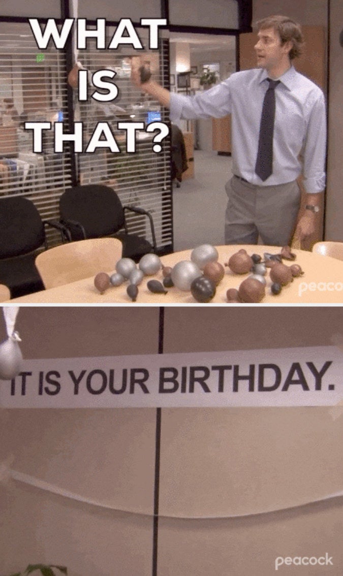 the sad birthday decorations Jim and Dwight from the Office put up including gray half-filled balloons and a banner that says it is your birthday