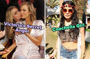 On the left, Cara Delevigne kissing Karlie Kloss on the cheek at the Victoria's Secret Fashion Show labeled Victoria's Secret Angel, and on the right, Vanessa Hudgens wearing a flower crown, crop top, and shorts labeled Coachella Girl