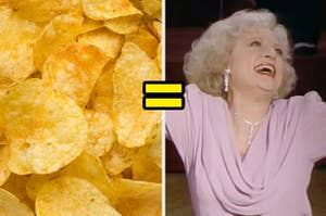 crisps with an equals sign pointing to betty white dancing