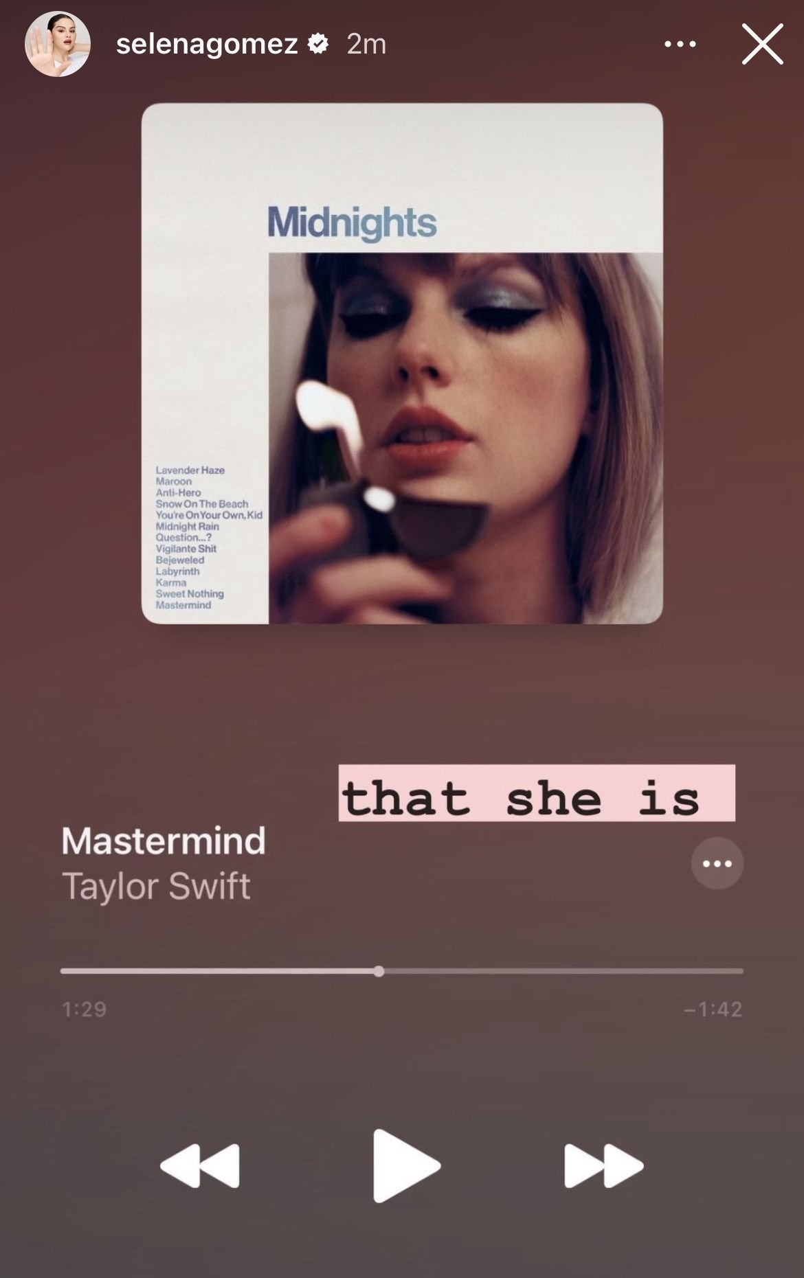 selena&#x27;s screenshot of her listening to mastermind