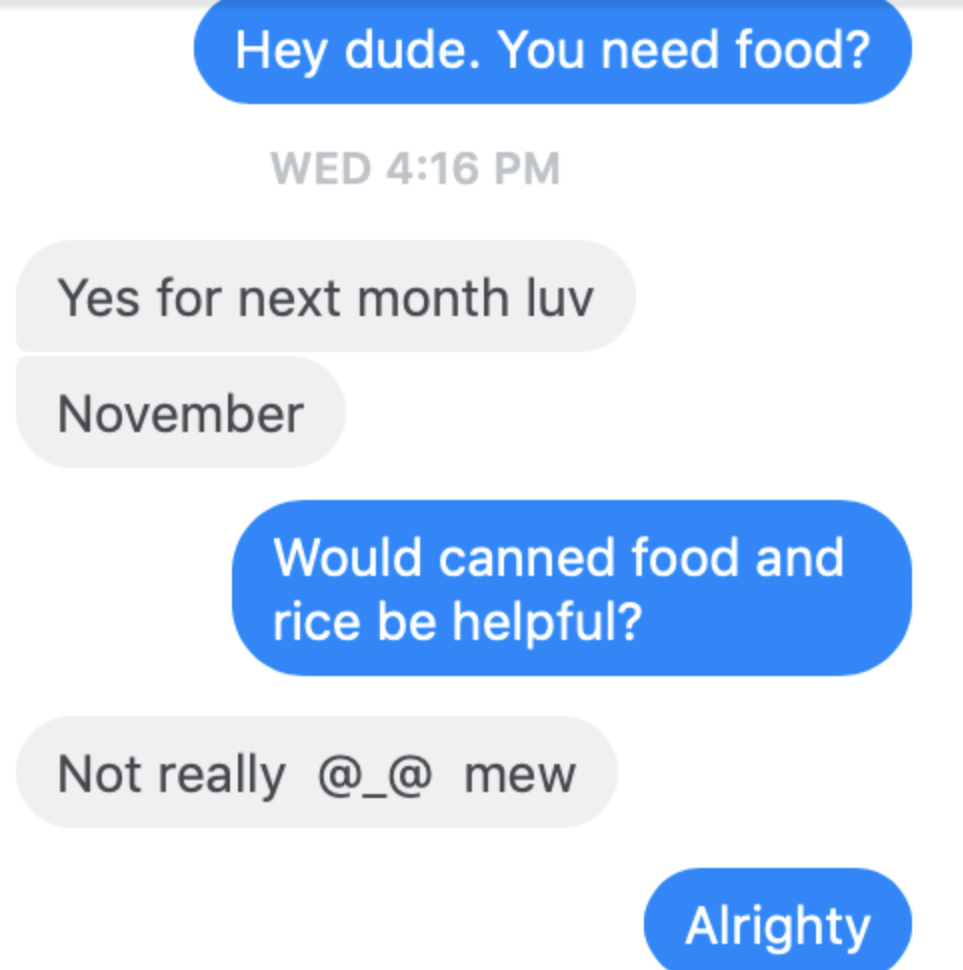 Someone asks if their friend needs food, they say yes, so the person responds &quot;would canned food and rice be helpful&quot; and their friend says not really