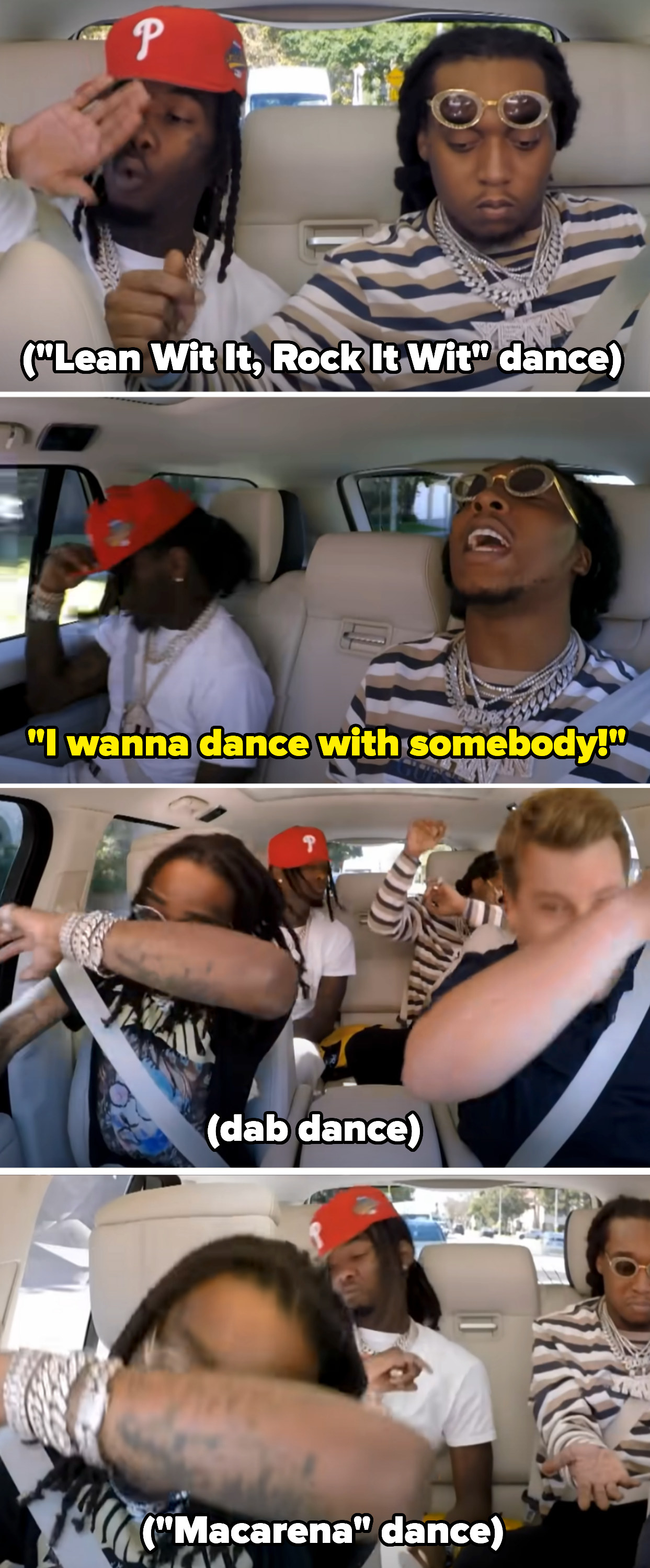 Takeoff doing several different dances in the car while singing along to Whitney Houston