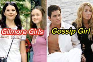 Rory Gilmore stands next to her mother and Serena van der Woodsen sits next to Dan Humphrey on the beach