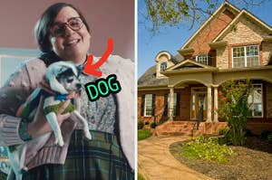 On the left, Aidy Bryant holding a Chihuahua in an SNL sketch with an arrow pointing to the dog, and on the right, a brick suburban home with a brick path leading up to it
