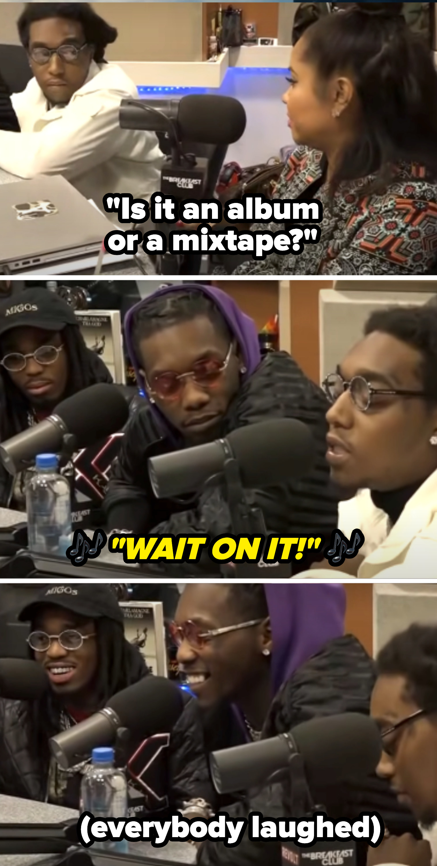 Angela asks if it&#x27;s an album or a mixtape, and Takeoff responds &quot;Wait on it&quot;