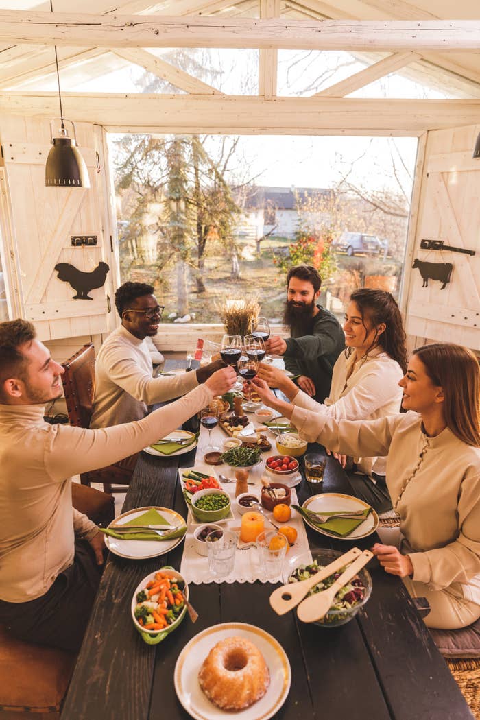 High angle view of diverse group of friends sitting at dining table and making a celebratory toast with glasses of red wine during a Thanksgiving meal