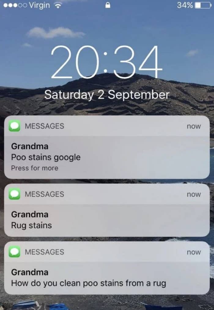 Grandma messages on iPhone screen: &quot;Poo stains google,&quot; &quot;Rug stains,&quot; &quot;How do you clean poo stains from a rug&quot;
