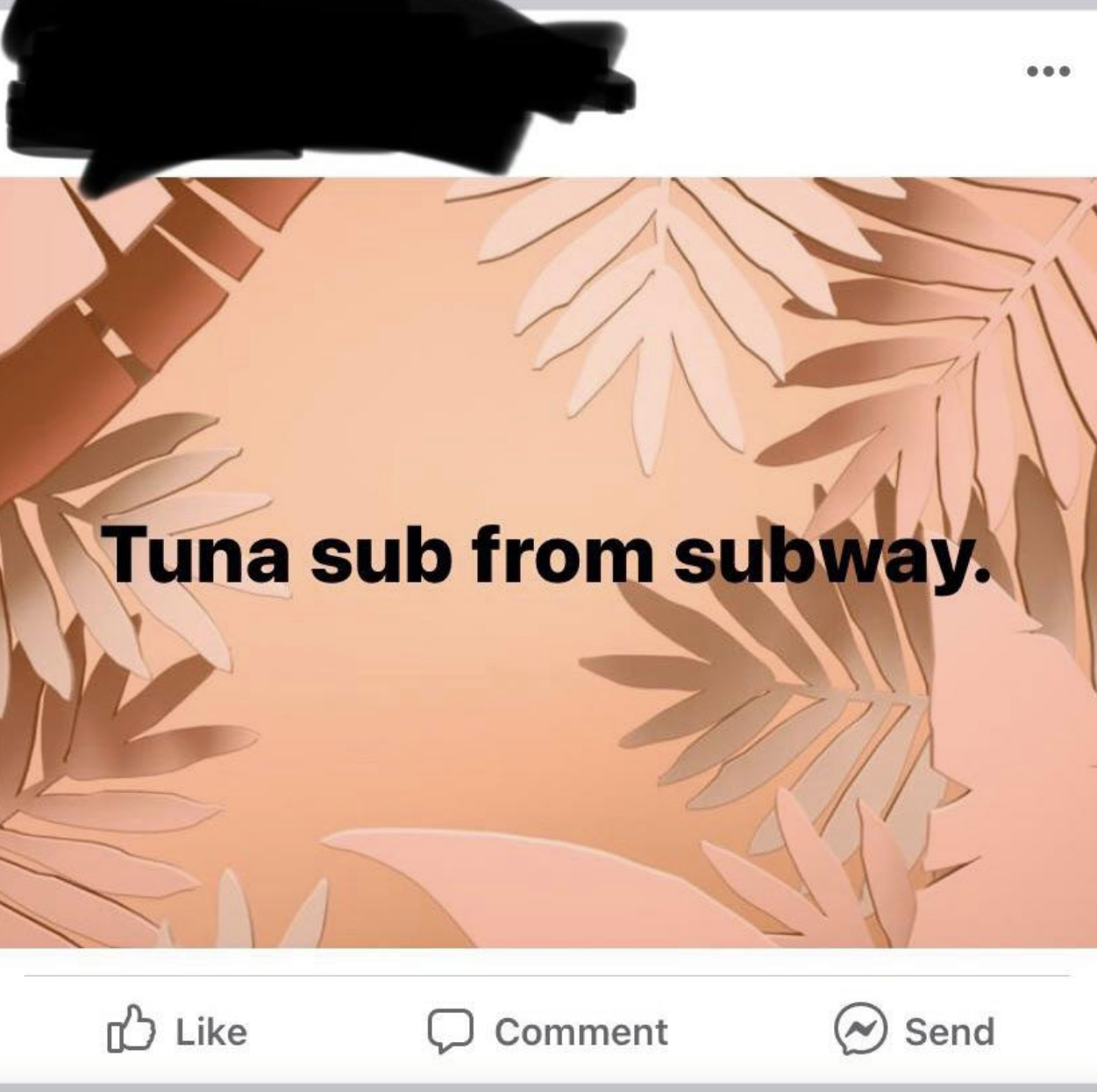 Facebook post with leafy background: &quot;Tuna sub from subway&quot;