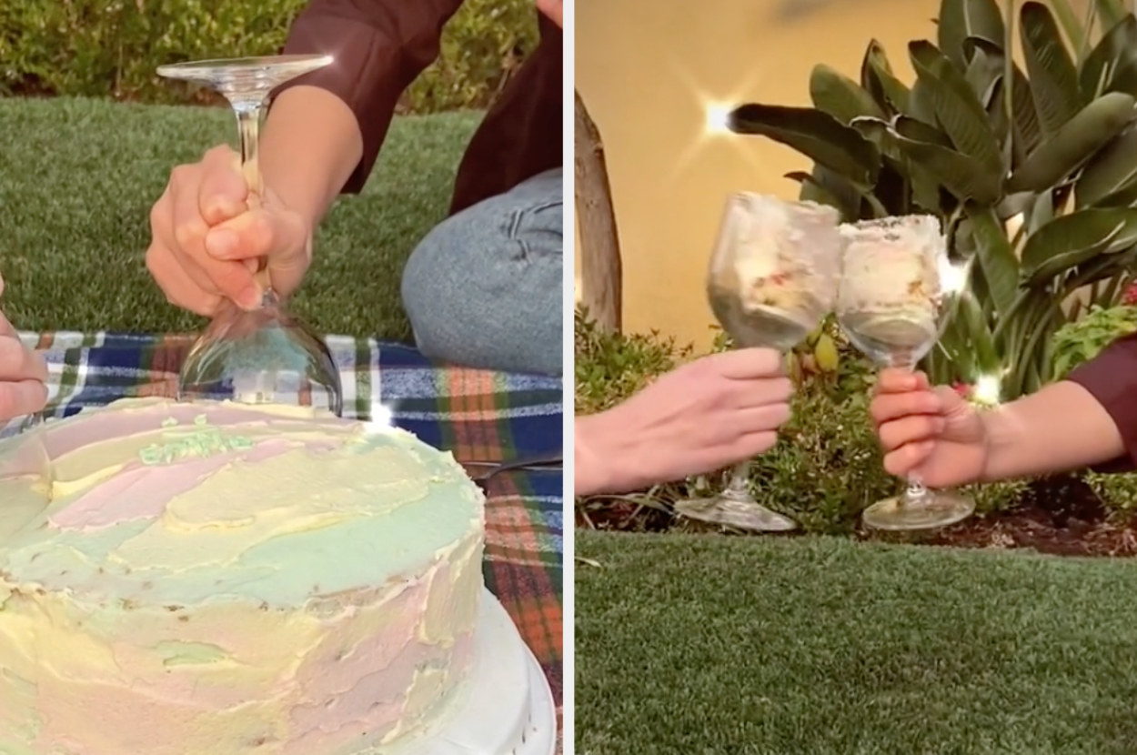hands dipping wine glasses into a cake to scoop up a slice