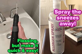 L: a reviewer holding a water flosser and text reading "Flossing, but make it quick & easy!", R: a reviewer photo of a allergen spray bottle and text reading "Spray the sneezes away!"