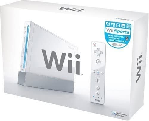 Boxed Wii console with console, remote, and Wii Sports included.