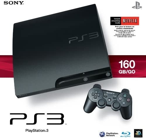 A PS3 with a controller, with various specifications throughout.