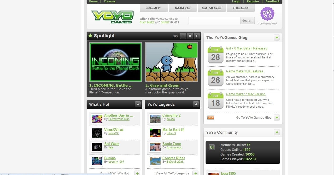 Old homepage for YoYo Games Sandbox, circa 2009.