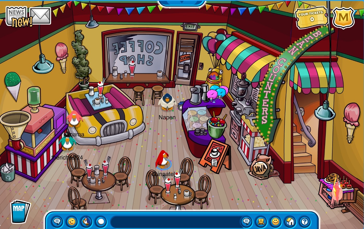 Screenshot of a Club Penguin client, set in a coffee shop.