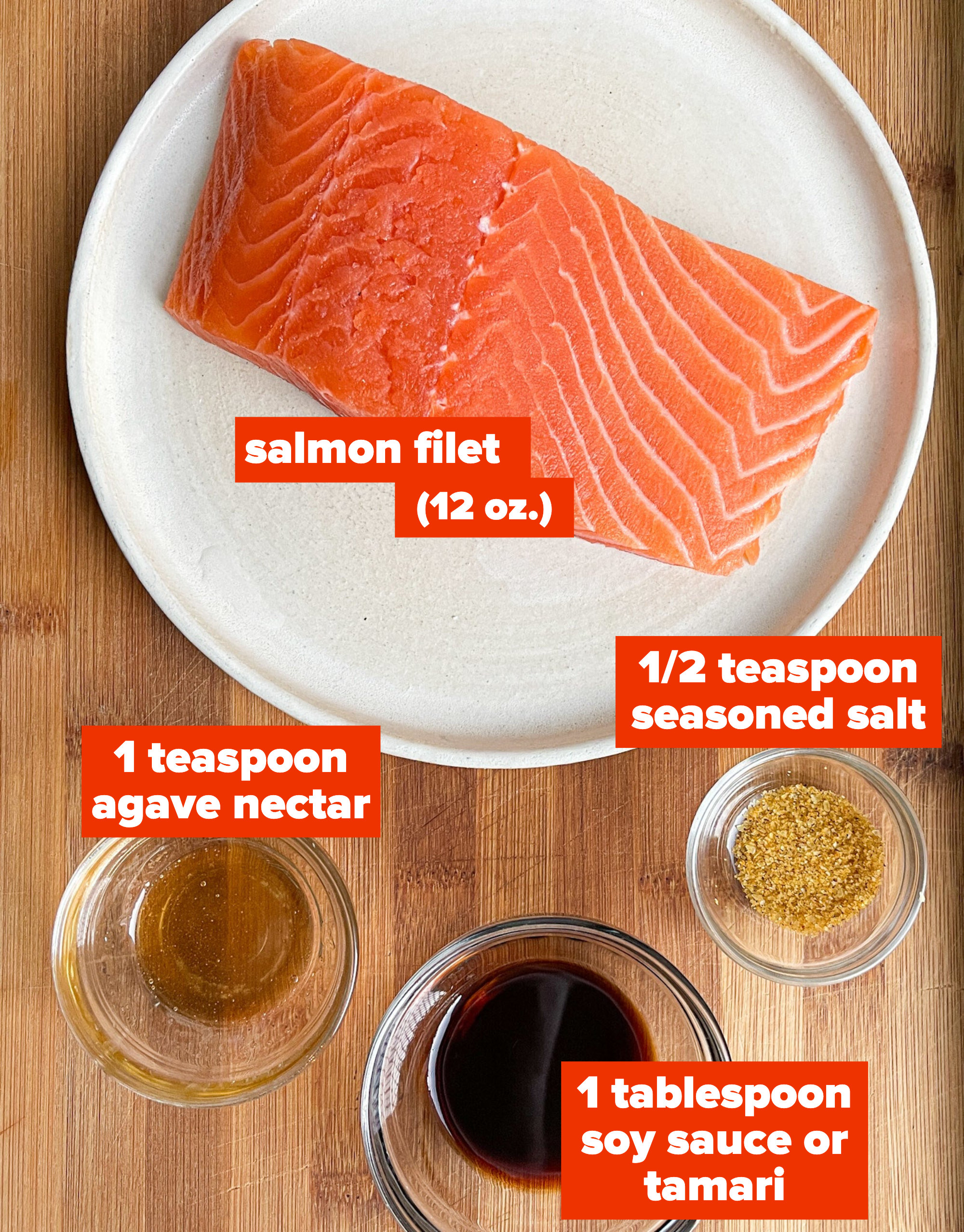 12 oz salmon filet, 1 teaspoon agave nectar, 1 tablespoon soy sauce, 1/2 teaspoon seasoned salt