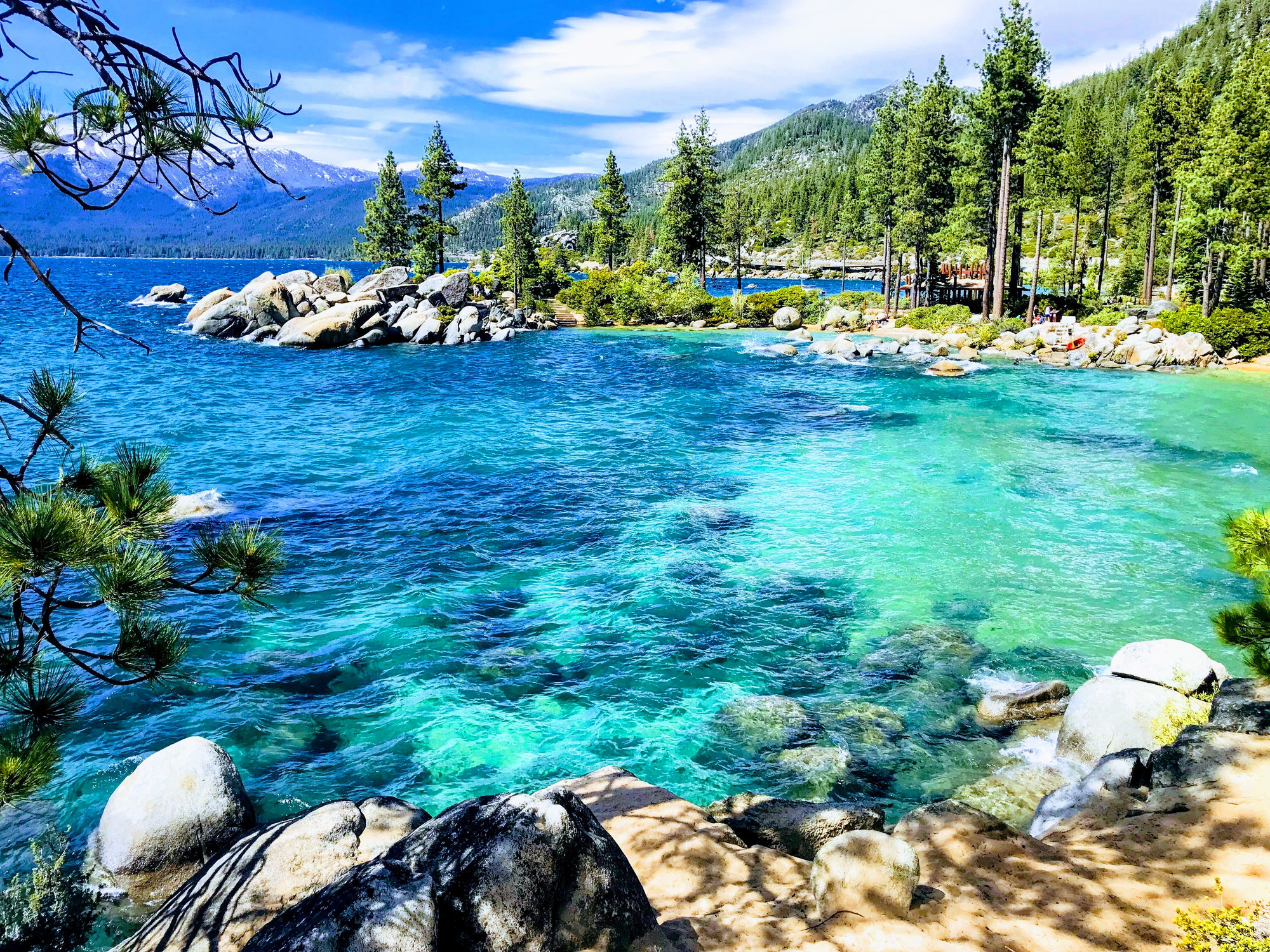Blue water in a cove at Lake Tahoe.