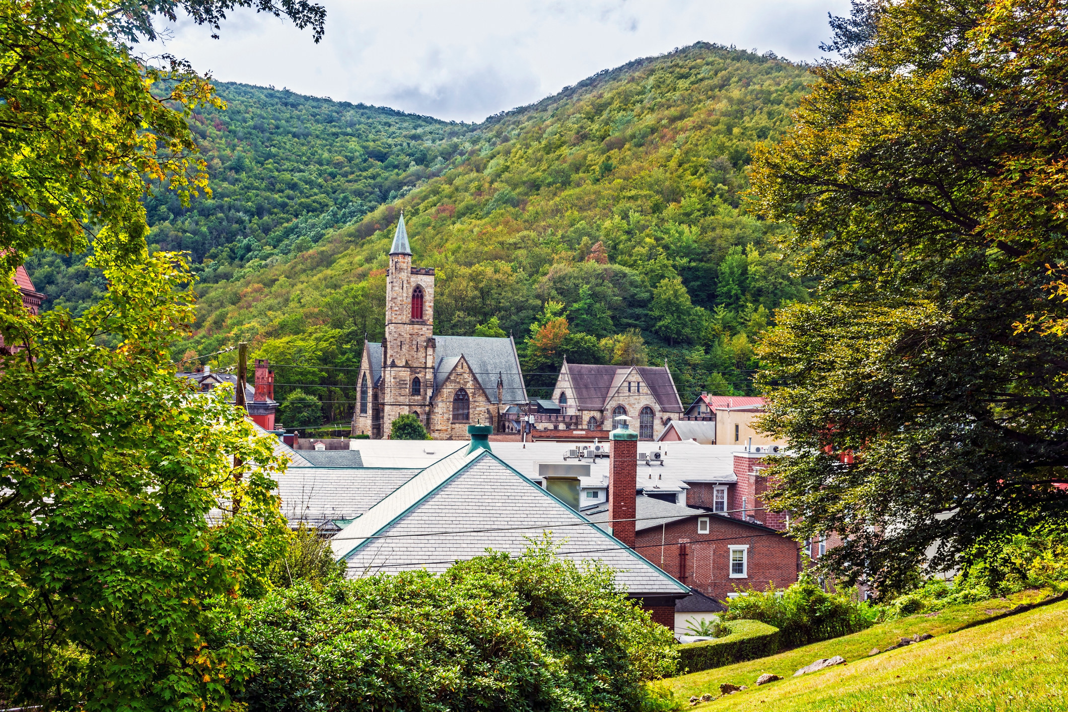 Historic old buildings and the scenic landscape of Jim Thorpe Pennsylvania.
