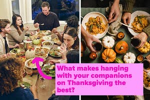 A group of friends celebrating Thanksgiving together with a Friensdsgiving, Friends clinking glasses with red wine and eating butternut squash pasta with sausage and sage over linen tablecloth, top view