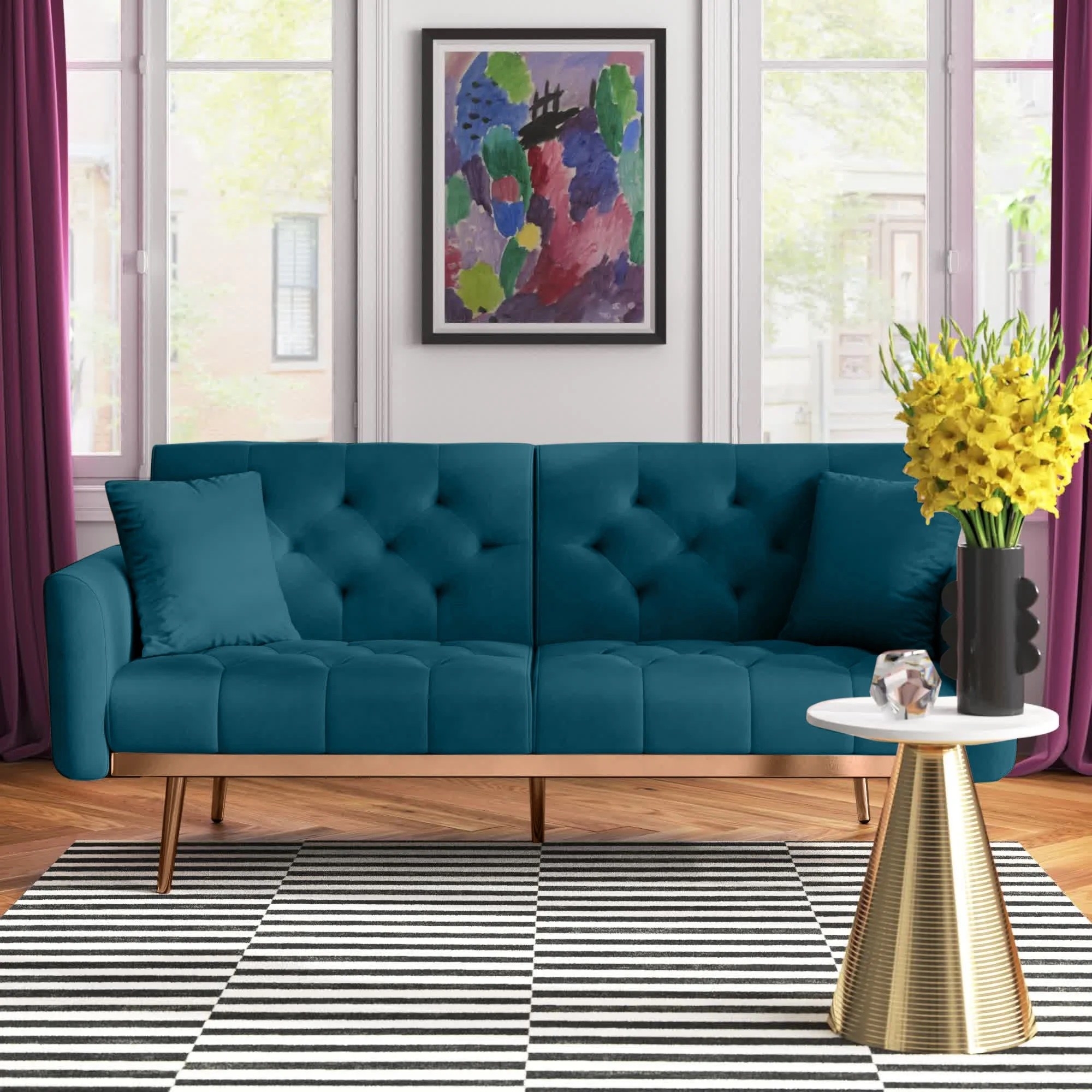 an upholstered sleeper sofa in a modern-looking living room