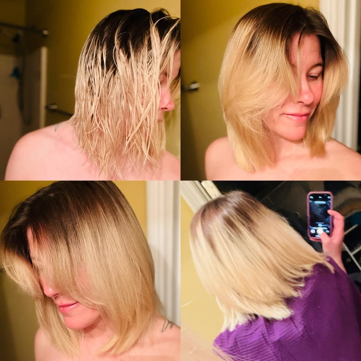 Reviewer photo collage showing wet wavy shoulderlength hair in top right with three different angles showing a salon-quality blowout after using the tool