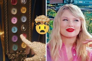 On one side is a still from the Bejeweled music video with elevator buttons in different colors, next to a photo of Taylor smiling and flicking her hair
