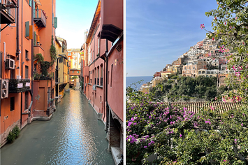 Alley in Bologna, mountainside houses in Positano