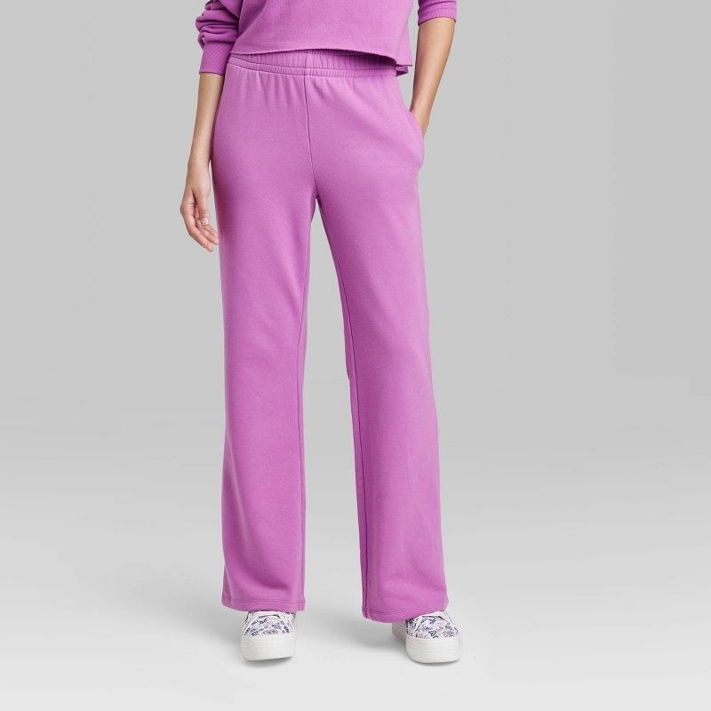 model wearing purple wide leg sweatpants