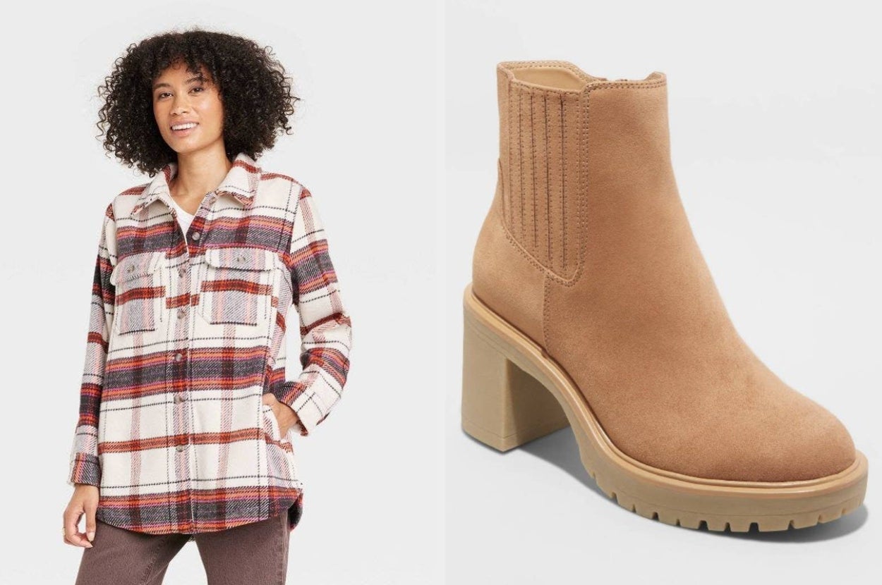 model wearing plaid shacket, heeled tan boot