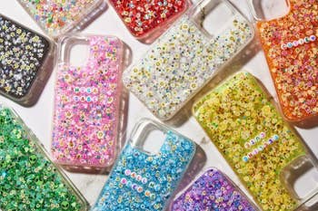 an array of glitter-filled phone cases in different colors