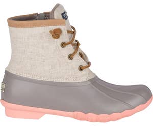 a beige, gray, and pink duck boot
