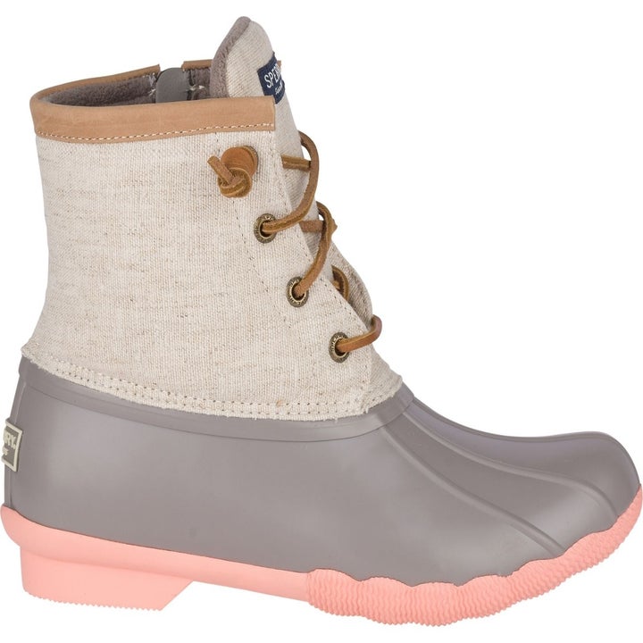 a beige, gray, and pink duck boot