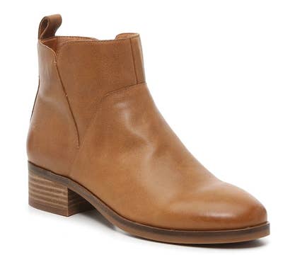 a tan leather Lucky Brand ankle bootie