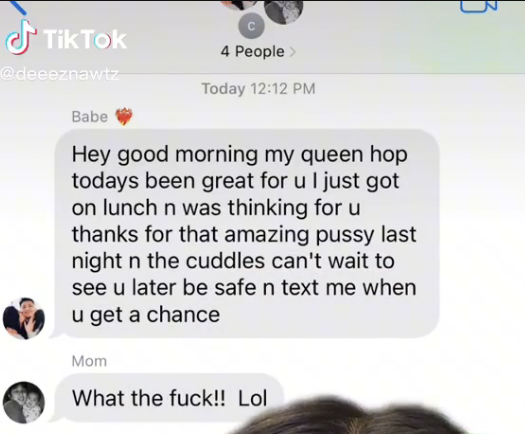 Person sent a "Good morning, thanks for that amazing pussy last night and the cuddles" text to the family group chat