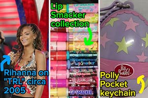Singer Rihanna makes an appearance on MTV's Total Request Live on September 6, 2005 in New York City, A Lip Smacker collection is lined up for a photo, A Polly Pocket egg keychain is photographed