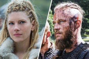 A viking woman offers a wry smile while observing a situation / Two young vikings soaked in blood stare incredulously at an unfolding dilemma