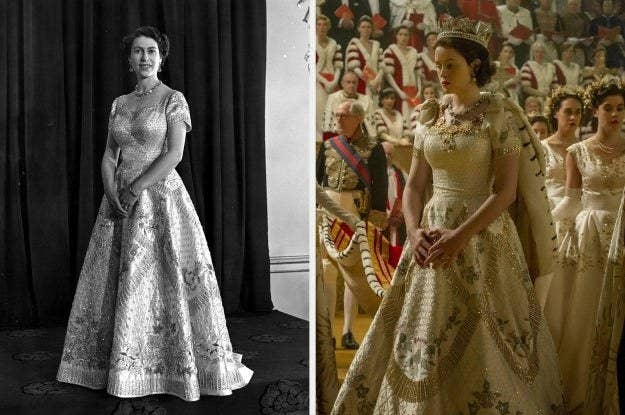 The Queen at her coronation and a closeup of Claire Foy wearing the replica