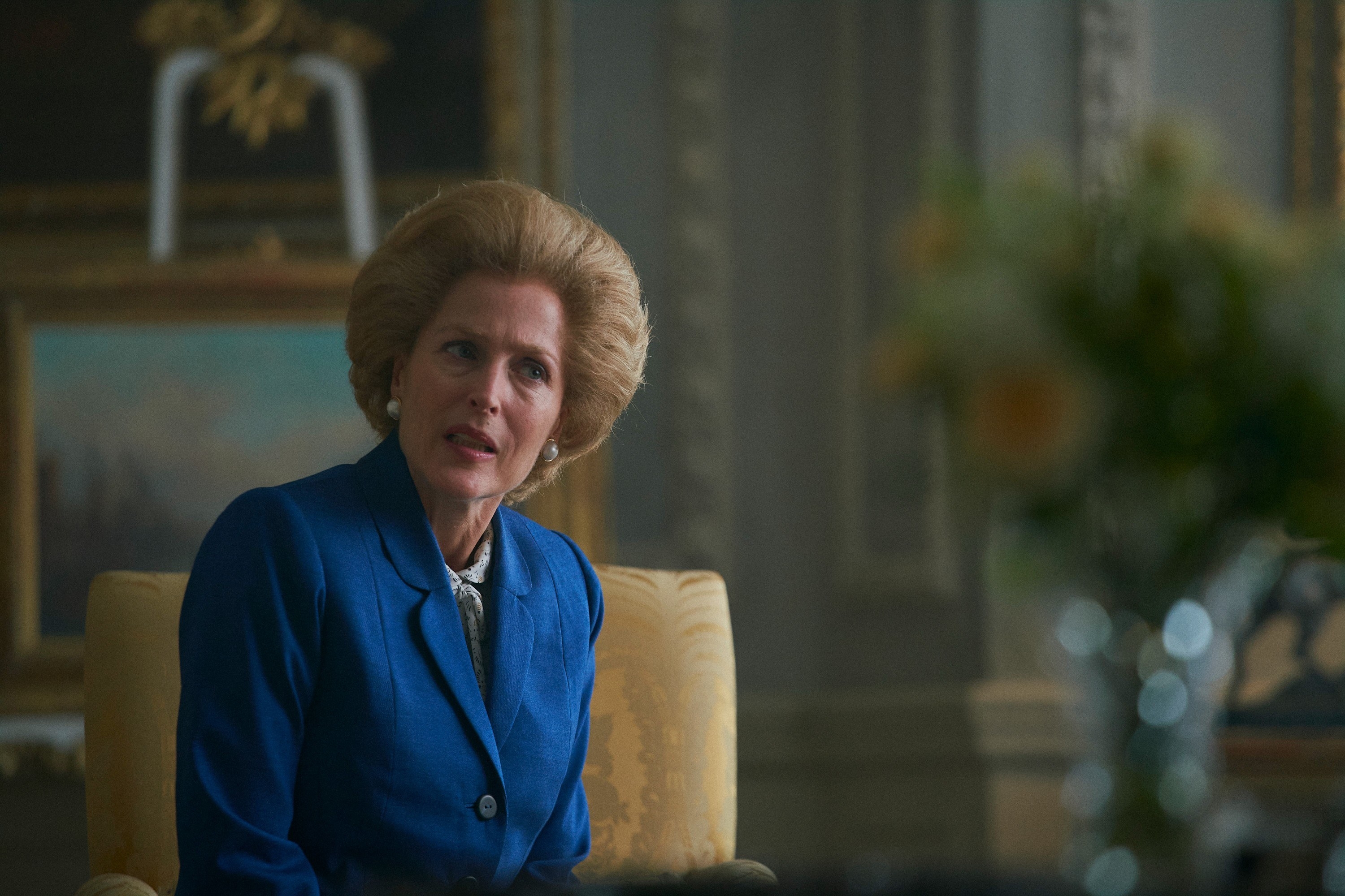 A closeup of Gillian as Margaret Thatcher