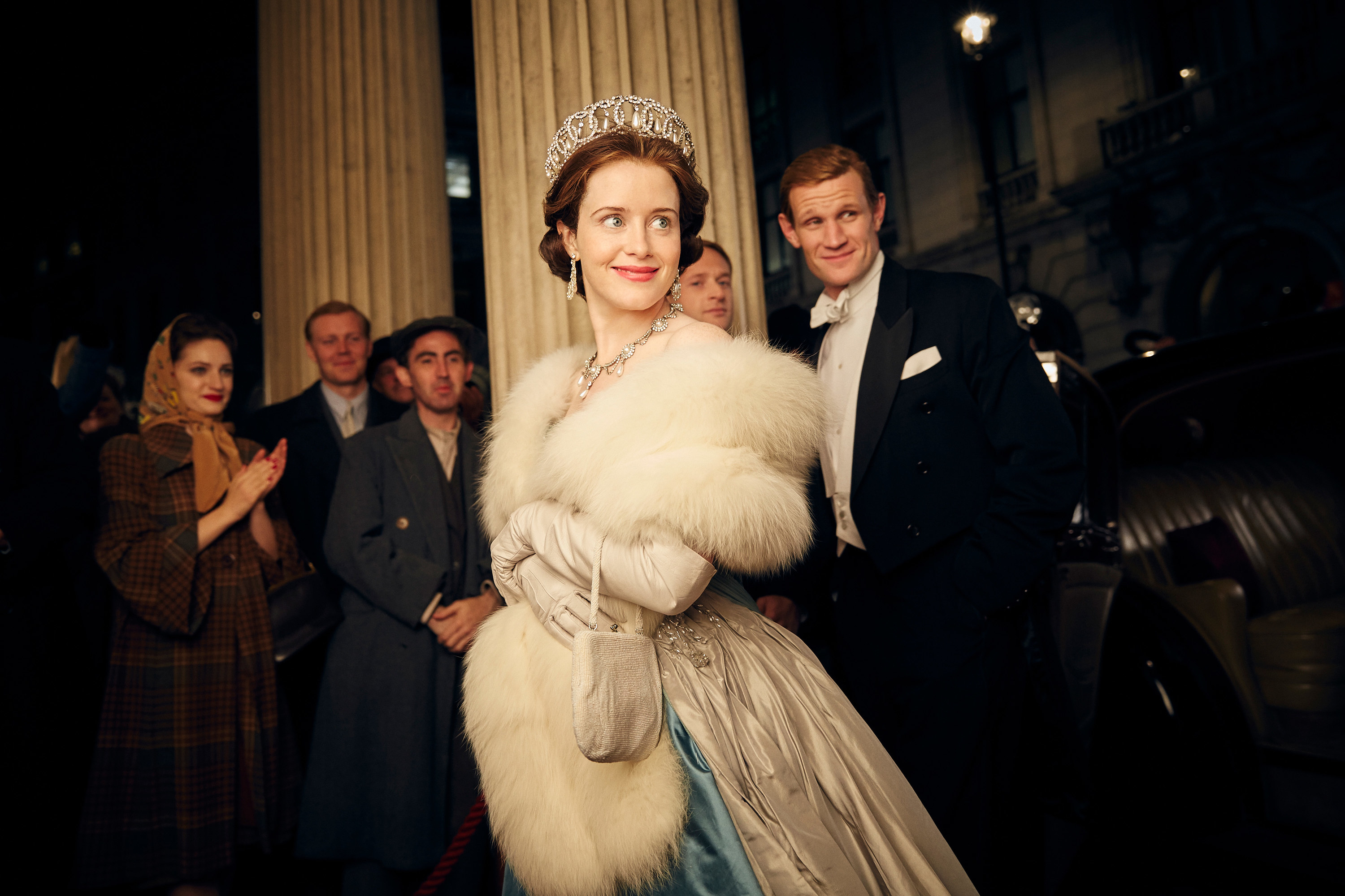 A closeup of Claire Foy as the Queen in an earlier season