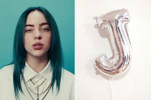 On the left, Billie Eilish in the Bad Guy music video, and on the right, a J-shaped balloon