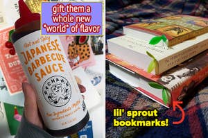 hand holding a bottle of japanese barbecue sauce / little sprout bookmarks inside books