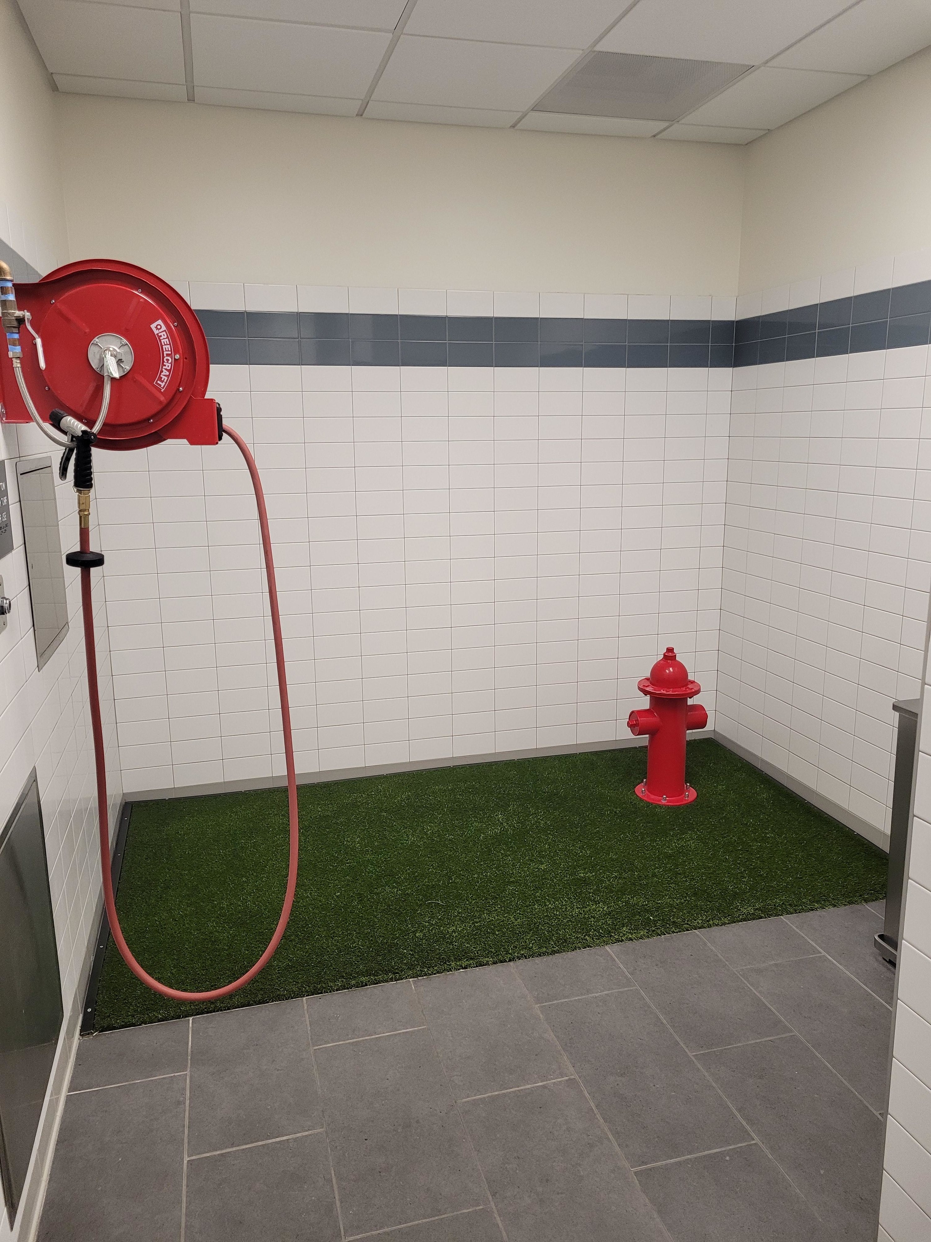 A rectangular grassy-looking space in a bathroom with a fire hydrant, surrounded by tiles