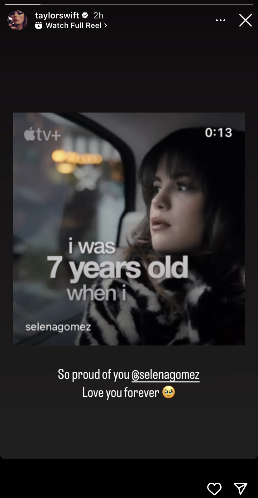 screenshot of taylor sharing a clip from selena&#x27;s documentary