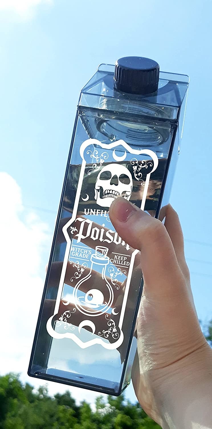 The water bottle shapes like a milk carton with poison decal