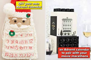 to the left: a crocheted santa advent calendar, to the right: a wine advent calendar