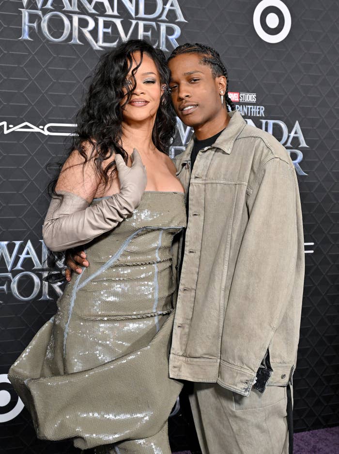 Rihanna and A$AP Rocky on the red carpet at the Black Panther: Wakanda Forever U.S. premiere