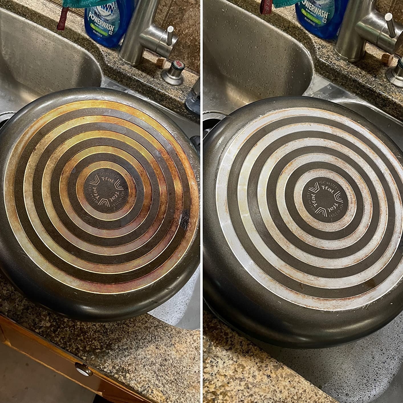 on left: rusty bottom of a T-fal pot. on right, same T-fal pot with more silver-looking bottom after using The Pink Stuff