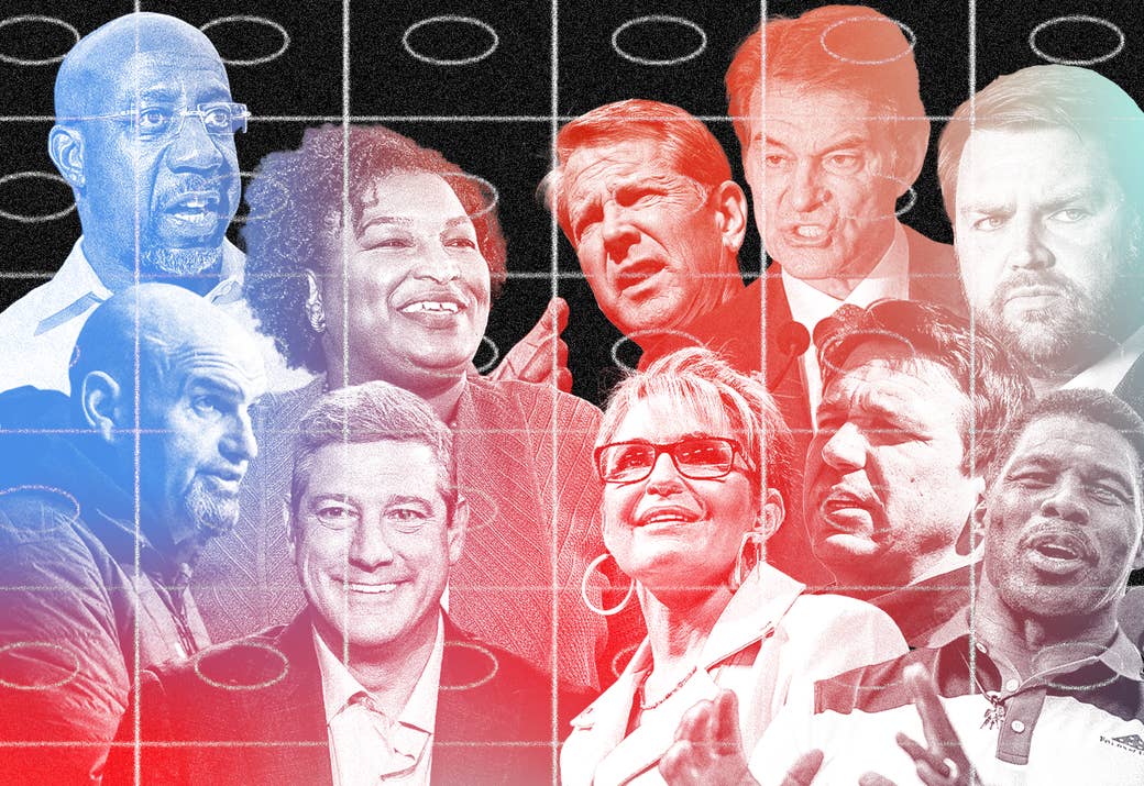 Images of various congressional and state candidates in the midterms superimposed over rows and columns of bubbles on a voting ballot