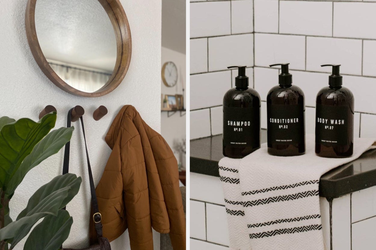 (left) wood wall hooks (right) sleek bottles